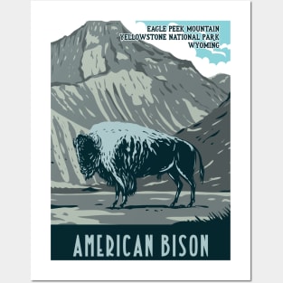 WPA Poster of an American Bison at Eagle Peek Mountain in Yellowstone National Park Posters and Art